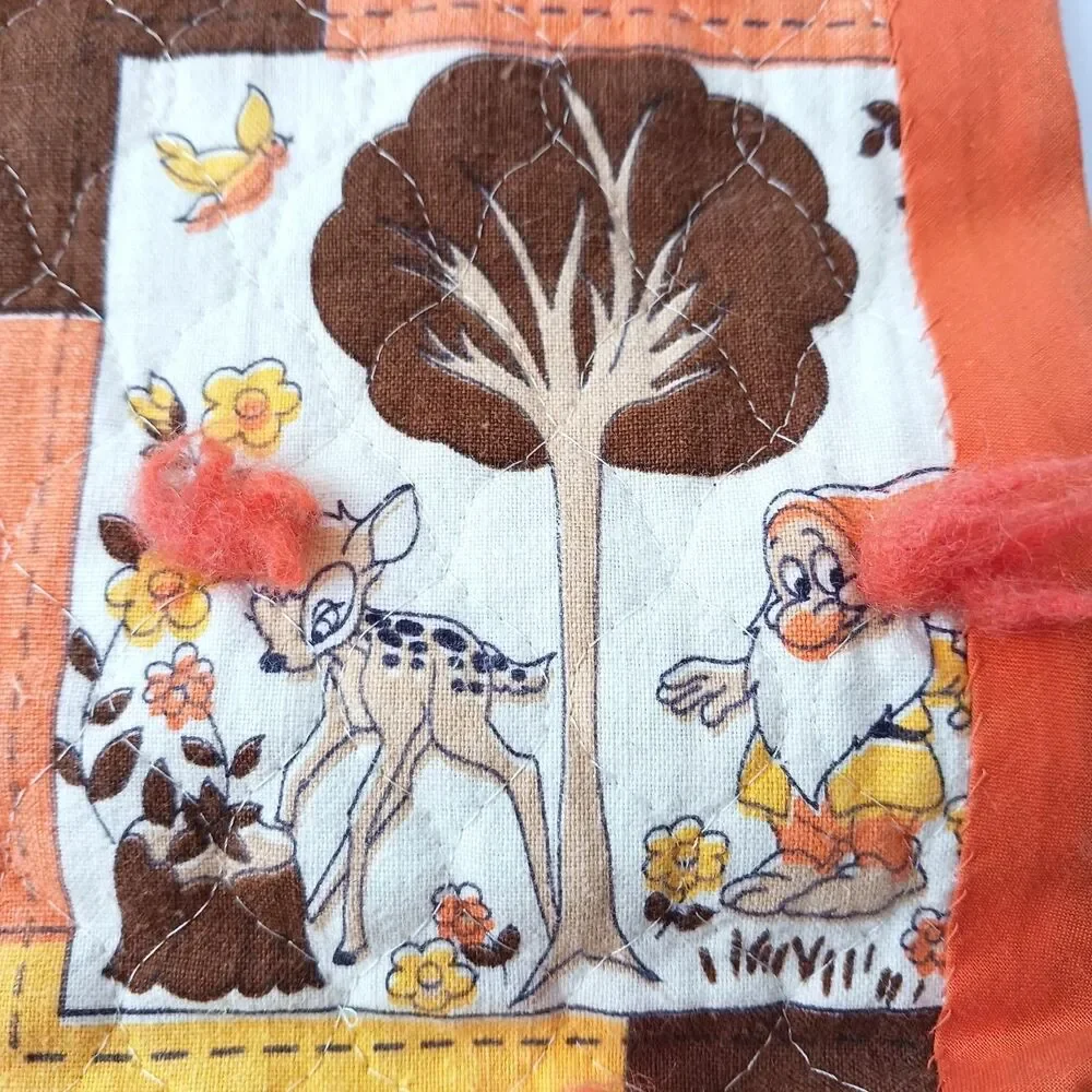 Vtg Handmade Baby Quilt Flannel Disney Snow White Dwarfs MCM Tied